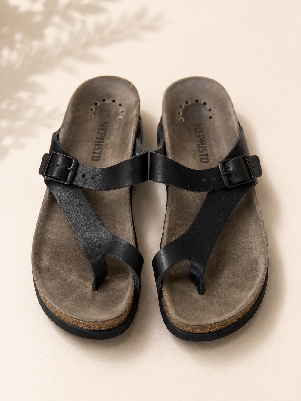 Mephisto Helen Black Leather Toe Ring Sandals Women Sz 8 US Comfort Cork Footbed